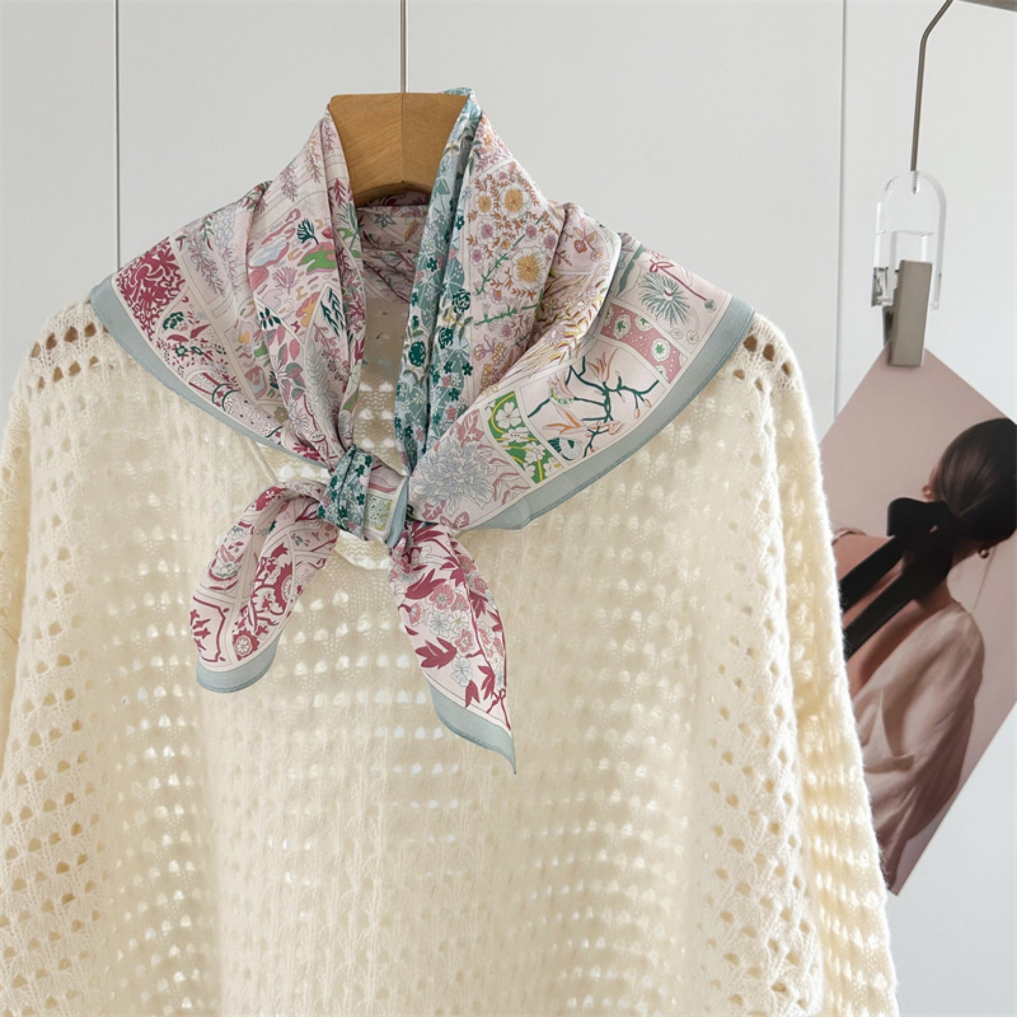 26'' Pink Monet Garden Mulberry Silk Scarf – Artistic Floral Square Silk Shawl for Women, Romantic & Elegant Accessory