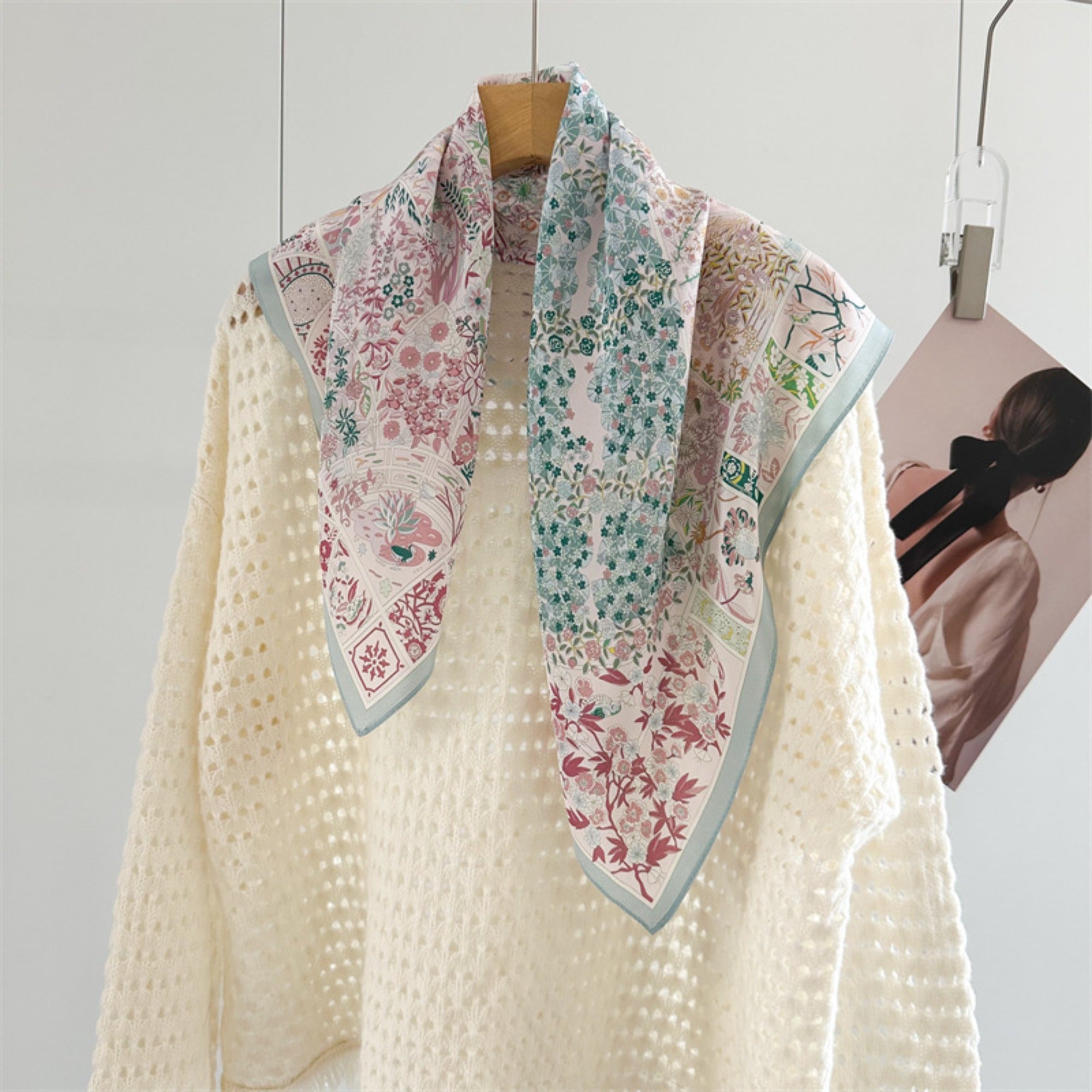 26'' Pink Monet Garden Mulberry Silk Scarf – Artistic Floral Square Silk Shawl for Women, Romantic & Elegant Accessory