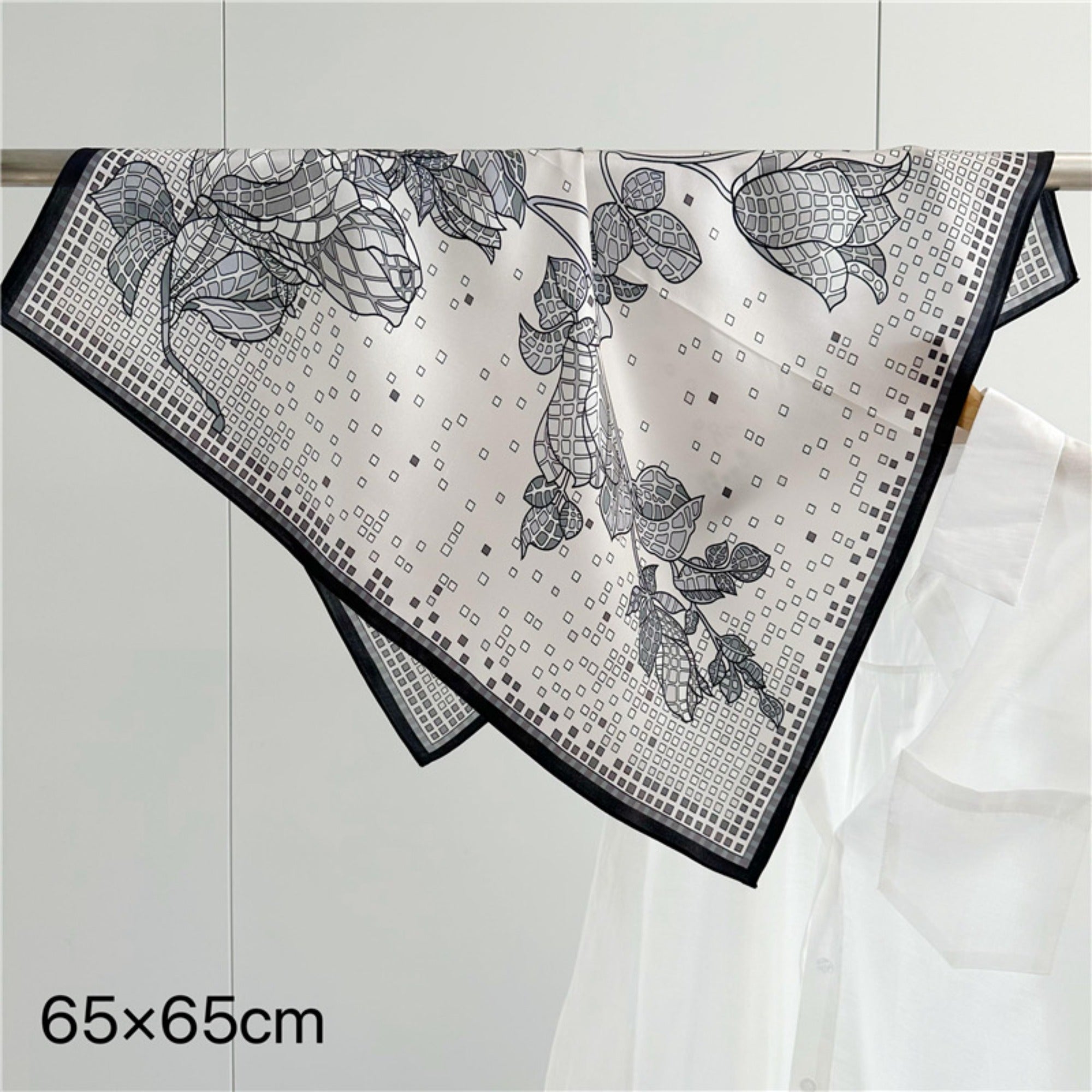 26'' Minimalist Grey Floral Mulberry Silk Scarf – Elegant & Subtle Square Silk Shawl for Women, Modern Floral Design