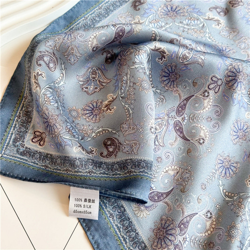 26'' Light Blue Ditsy Floral Mulberry Silk Scarf – Delicate Women’s Square Shawl with Charming, Airy Print