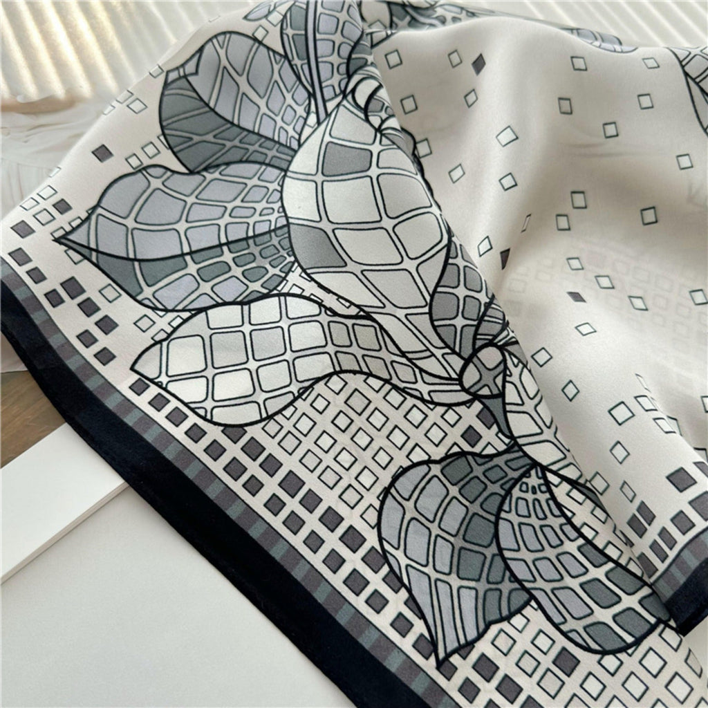 26'' Minimalist Grey Floral Mulberry Silk Scarf – Elegant & Subtle Square Silk Shawl for Women, Modern Floral Design
