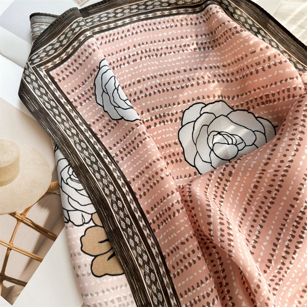 Pink Camellia 100% Mulberry Silk Scarf | 26'' Square Floral Silk Wrap
