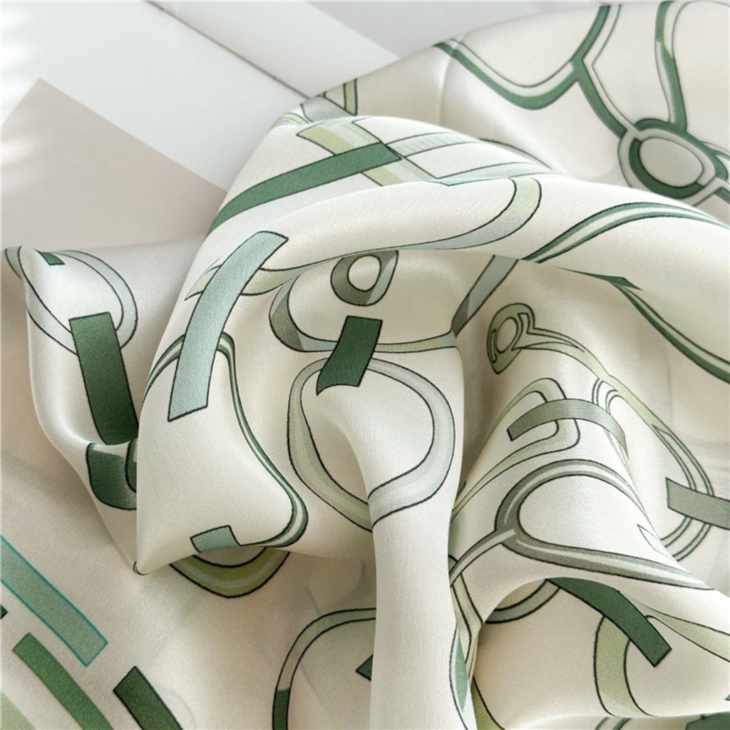 26'' Minimalist Green Lock Mulberry Silk Scarf – Simple & Elegant Square Silk Shawl for Women, Modern Chic Accessory