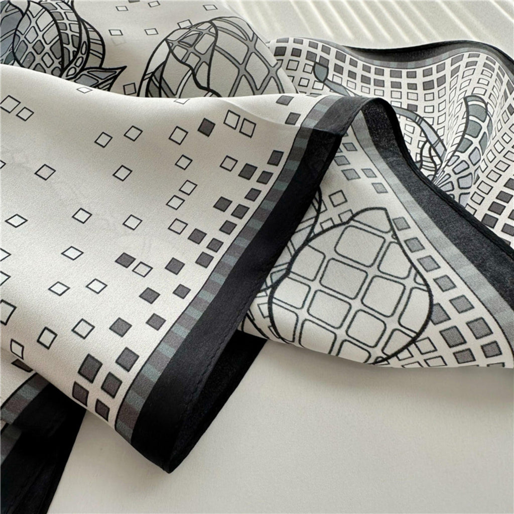 26'' Minimalist Grey Floral Mulberry Silk Scarf – Elegant & Subtle Square Silk Shawl for Women, Modern Floral Design