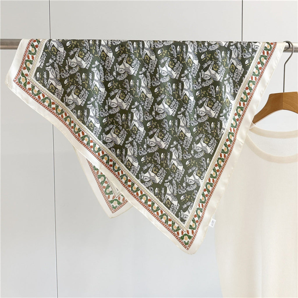Green Equestrian Horse Print Silk Scarf | 100% Mulberry Silk 26'' Square Scarf
