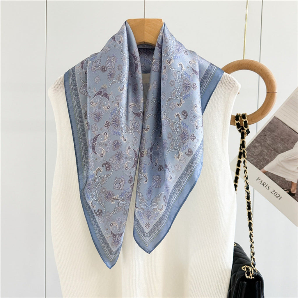26'' Light Blue Ditsy Floral Mulberry Silk Scarf – Delicate Women’s Square Shawl with Charming, Airy Print