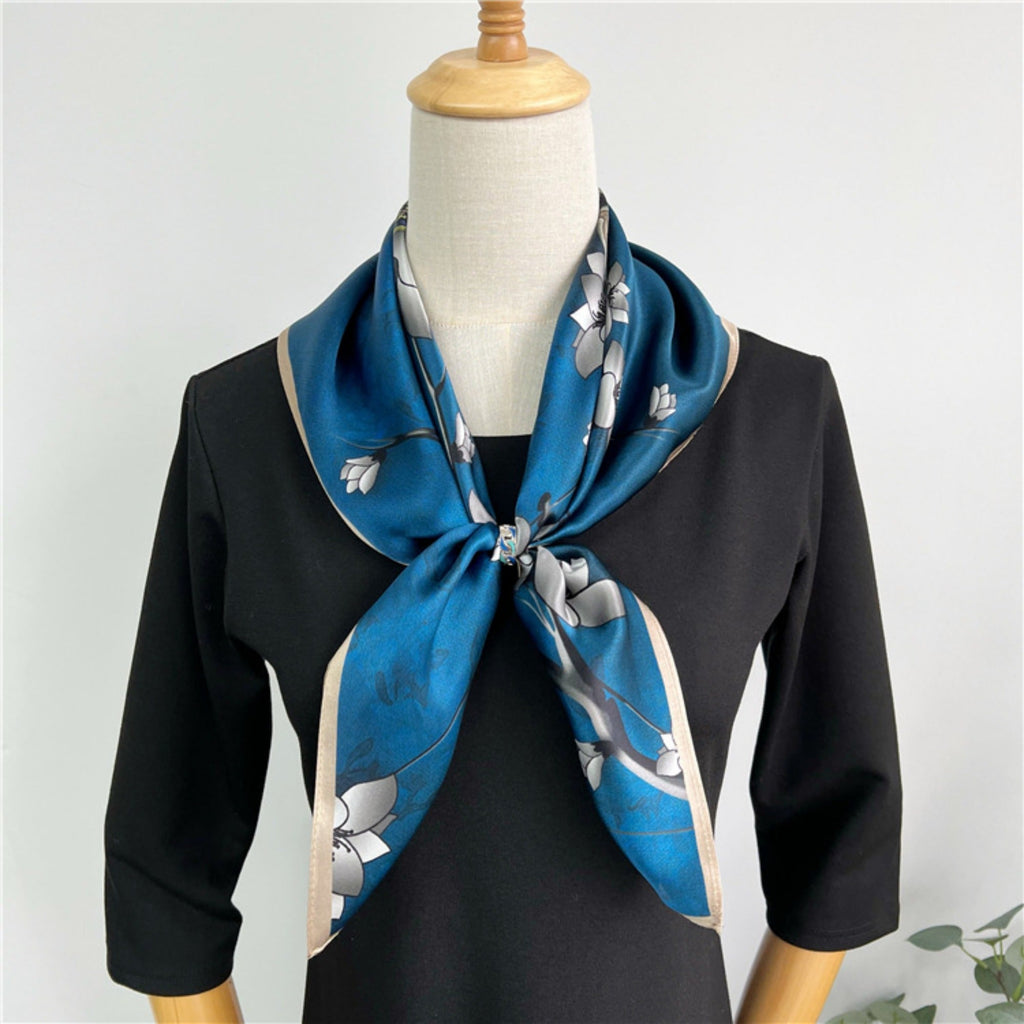 26'' Blue Lock Pattern Mulberry Silk Scarf – Modern Square Silk Shawl for Women, Elegant & Chic Accessory