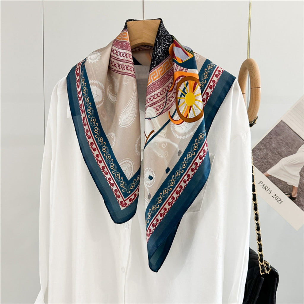 26'' Classic Carriage & Paisley Mulberry Silk Scarf – Timeless Women’s Square Shawl with Heritage-Inspired Design