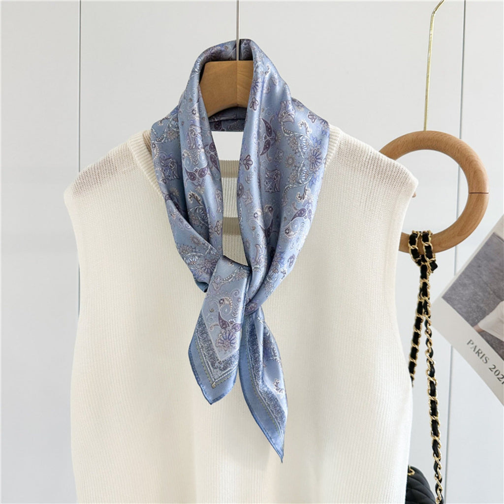 26'' Light Blue Ditsy Floral Mulberry Silk Scarf – Delicate Women’s Square Shawl with Charming, Airy Print