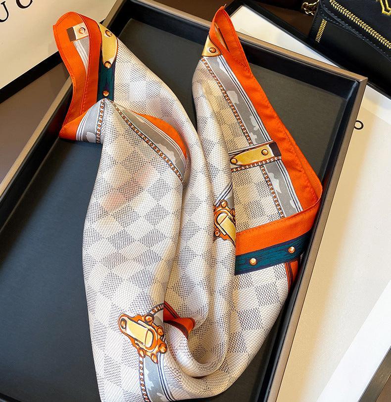 Orange Plaid Print 100% mulberry Silk Scarf/Silk head scarf/Silk hair scarf/Silk neck scarf/Mother's Day Gifts/Bag Accessory/Gift for her