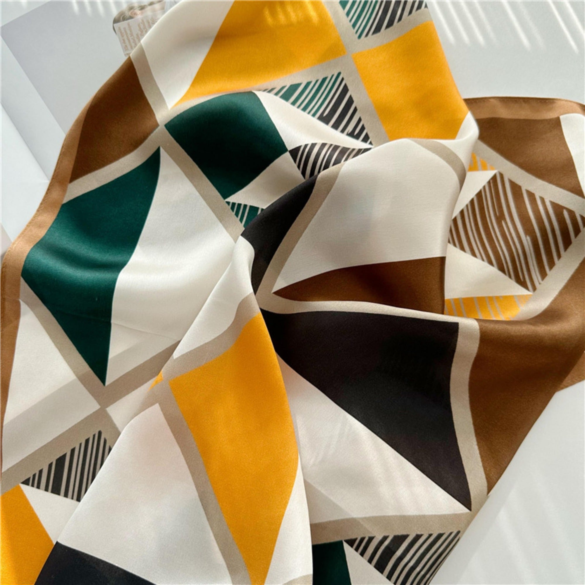 26'' Triangle Geometric Colorblock Mulberry Silk Scarf – Modern & Bold Square Silk Shawl for Women, Unique Geometric Design