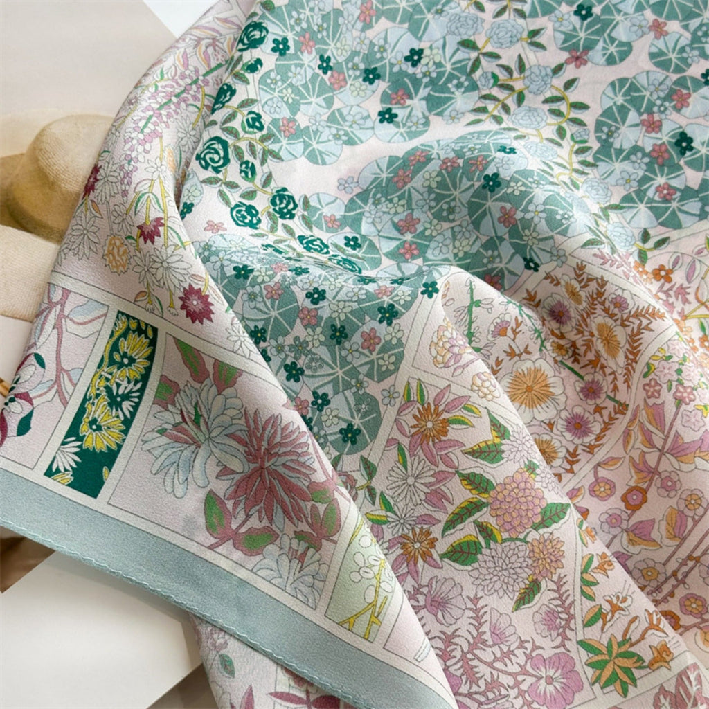 26'' Pink Monet Garden Mulberry Silk Scarf – Artistic Floral Square Silk Shawl for Women, Romantic & Elegant Accessory