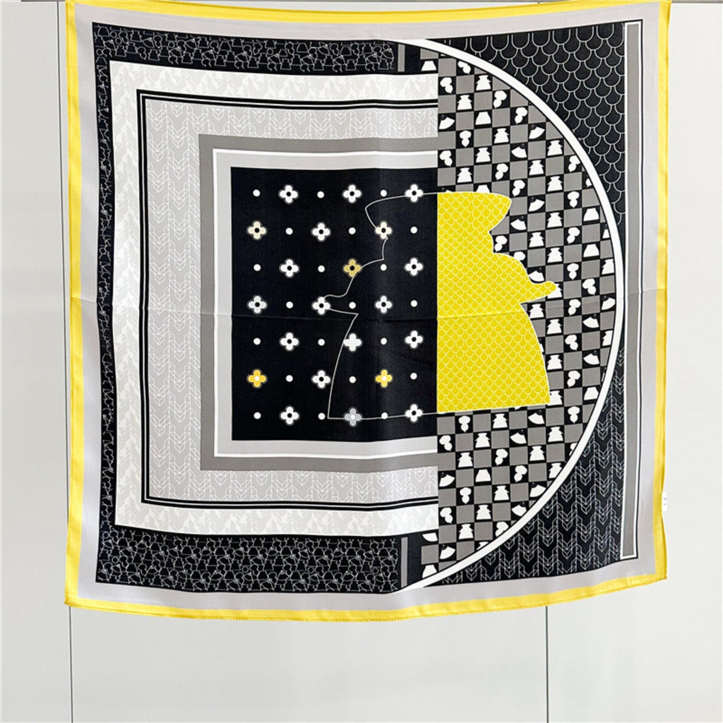 26'' Puzzle Yellow Border Mulberry Silk Scarf – Modern Geometric Square Silk Shawl for Women, Elegant and Unique Accessory