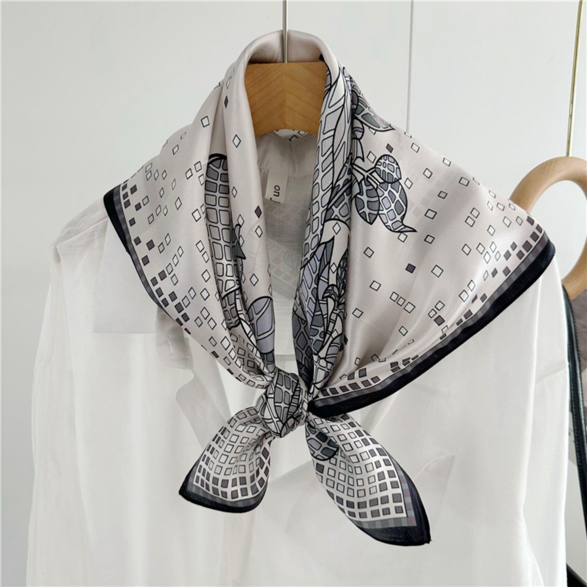 26'' Minimalist Grey Floral Mulberry Silk Scarf – Elegant & Subtle Square Silk Shawl for Women, Modern Floral Design