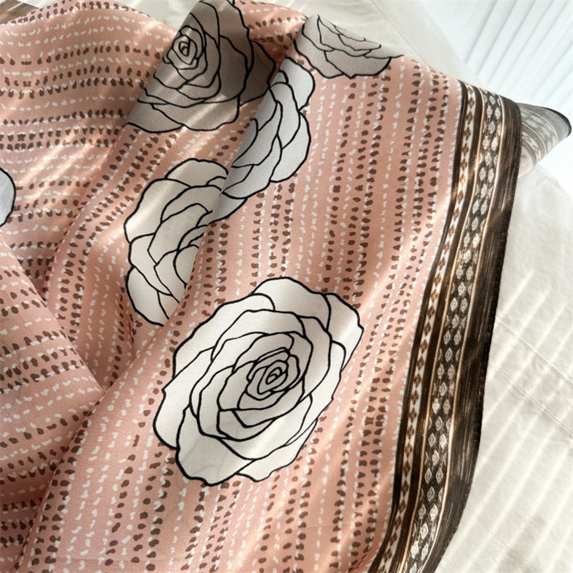 Pink Camellia 100% Mulberry Silk Scarf | 26'' Square Floral Silk Wrap