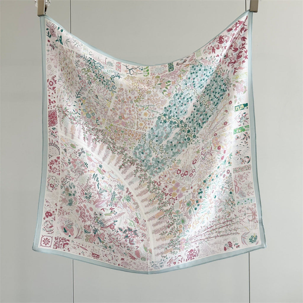 26'' Pink Monet Garden Mulberry Silk Scarf – Artistic Floral Square Silk Shawl for Women, Romantic & Elegant Accessory