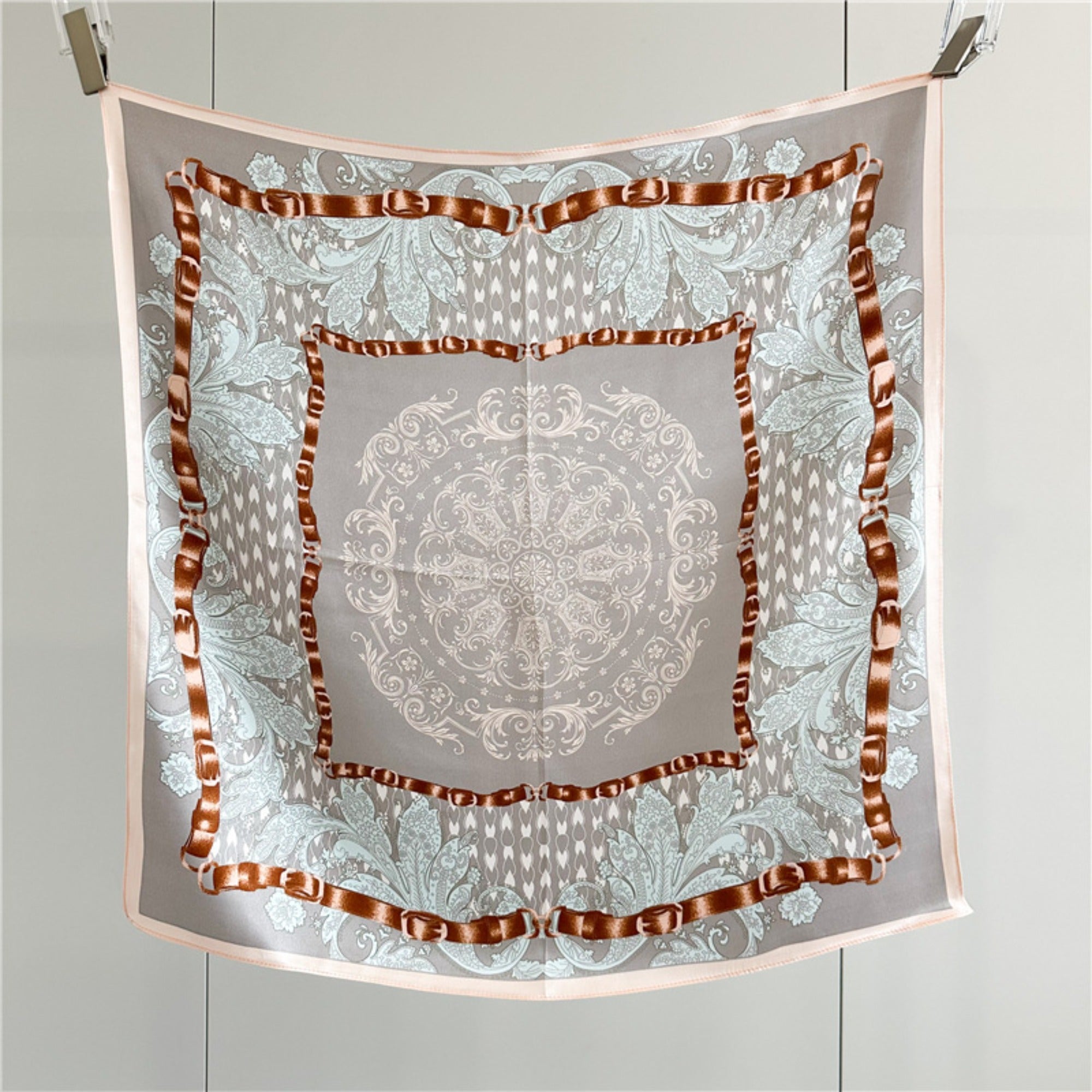 26'' Gray Pink Floral Mulberry Silk Scarf – Elegant Floral Square Silk Shawl for Women, Soft & Feminine Accessory