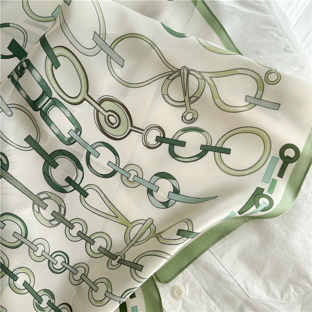 26'' Minimalist Green Lock Mulberry Silk Scarf – Simple & Elegant Square Silk Shawl for Women, Modern Chic Accessory