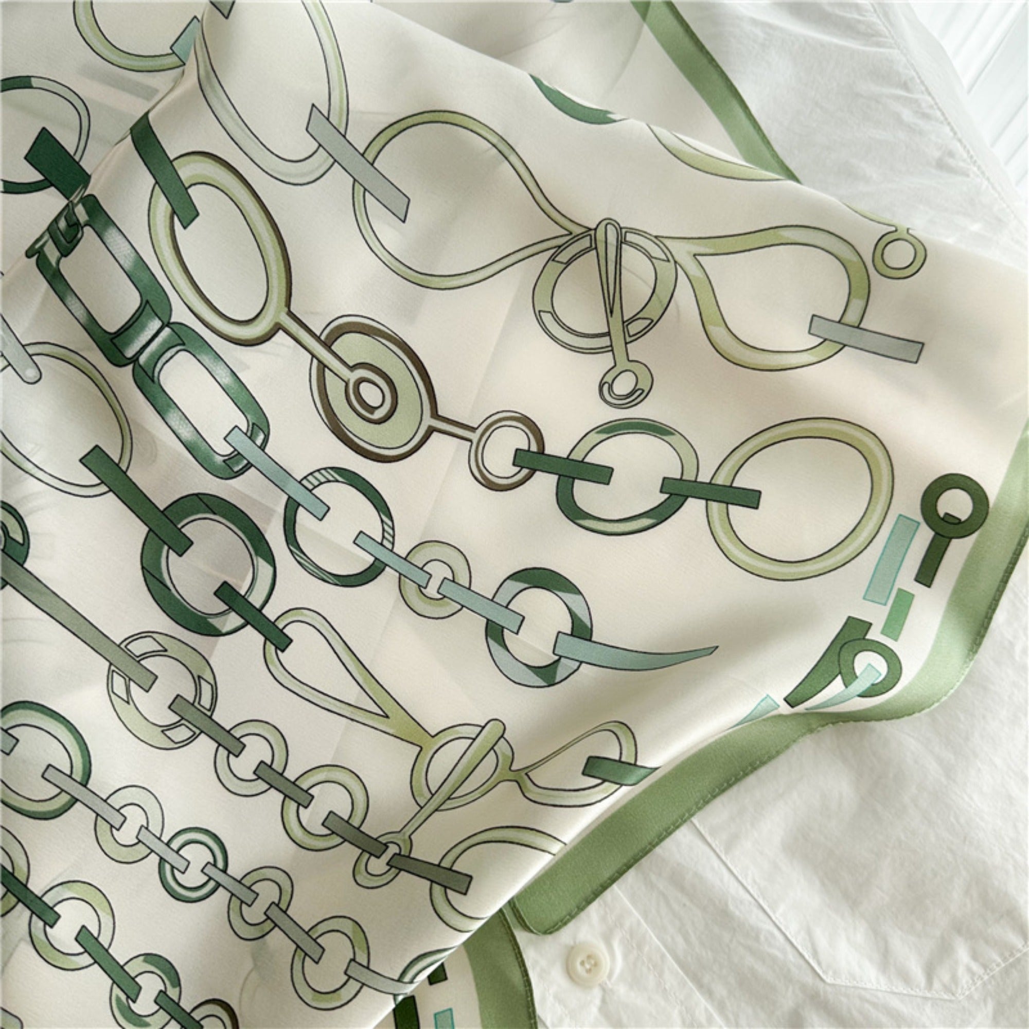 26'' Minimalist Green Lock Mulberry Silk Scarf – Simple & Elegant Square Silk Shawl for Women, Modern Chic Accessory