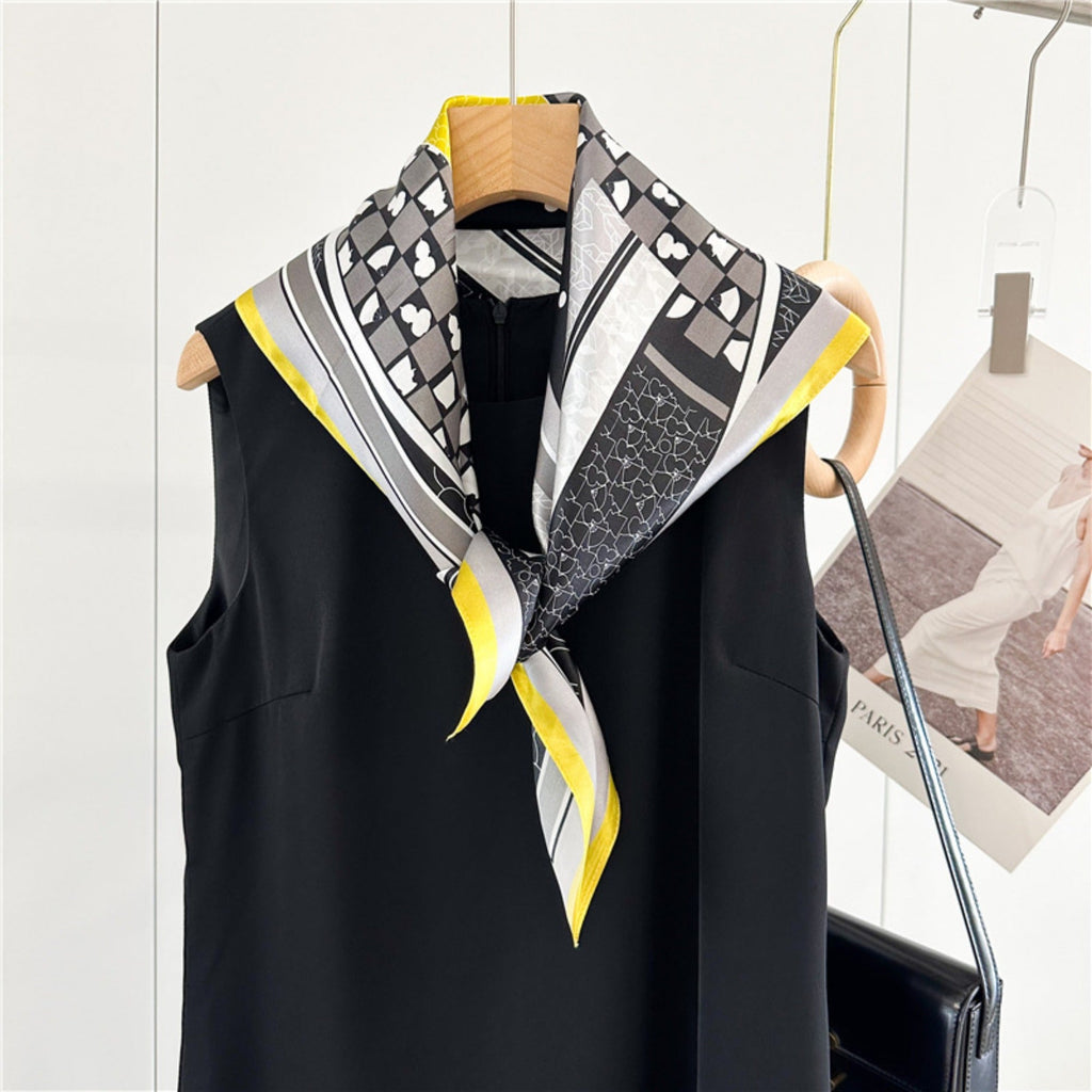 26'' Puzzle Yellow Border Mulberry Silk Scarf – Modern Geometric Square Silk Shawl for Women, Elegant and Unique Accessory