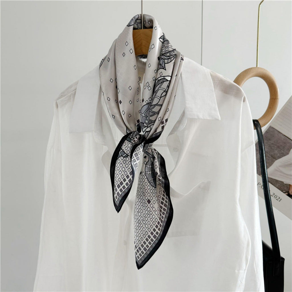 26'' Minimalist Grey Floral Mulberry Silk Scarf – Elegant & Subtle Square Silk Shawl for Women, Modern Floral Design