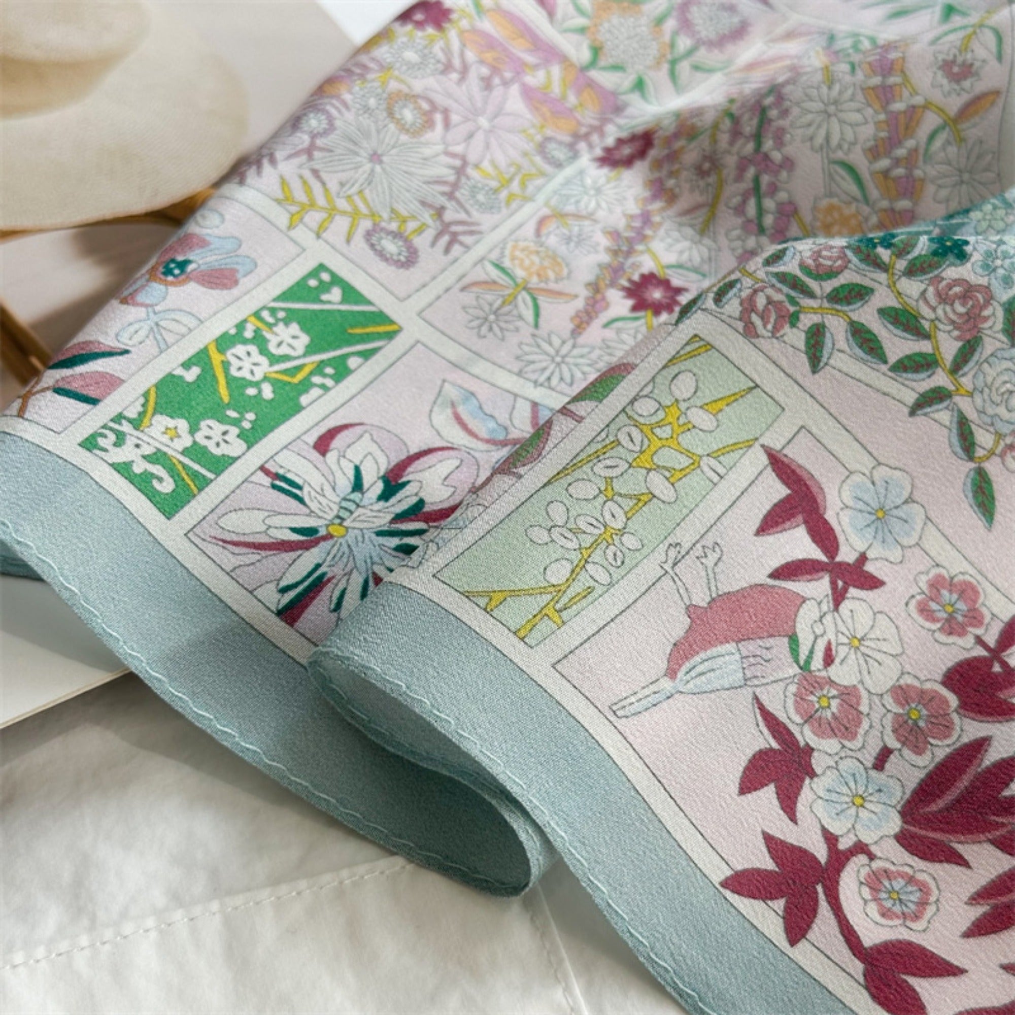 26'' Pink Monet Garden Mulberry Silk Scarf – Artistic Floral Square Silk Shawl for Women, Romantic & Elegant Accessory