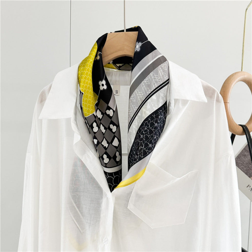 26'' Puzzle Yellow Border Mulberry Silk Scarf – Modern Geometric Square Silk Shawl for Women, Elegant and Unique Accessory