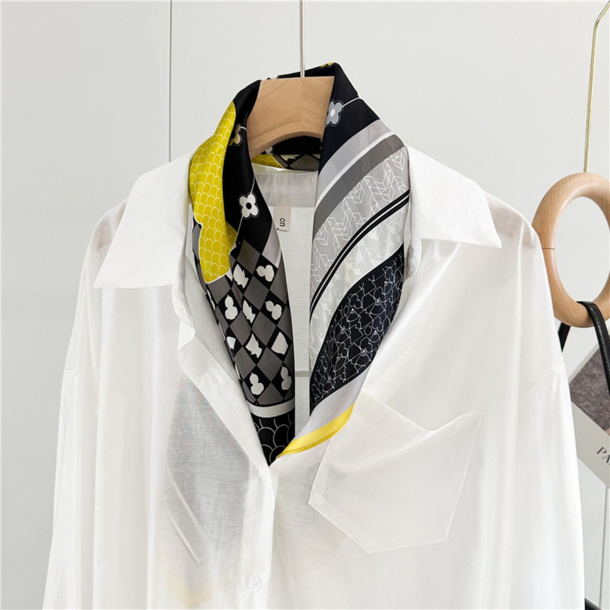 26'' Puzzle Yellow Border Mulberry Silk Scarf – Modern Geometric Square Silk Shawl for Women, Elegant and Unique Accessory