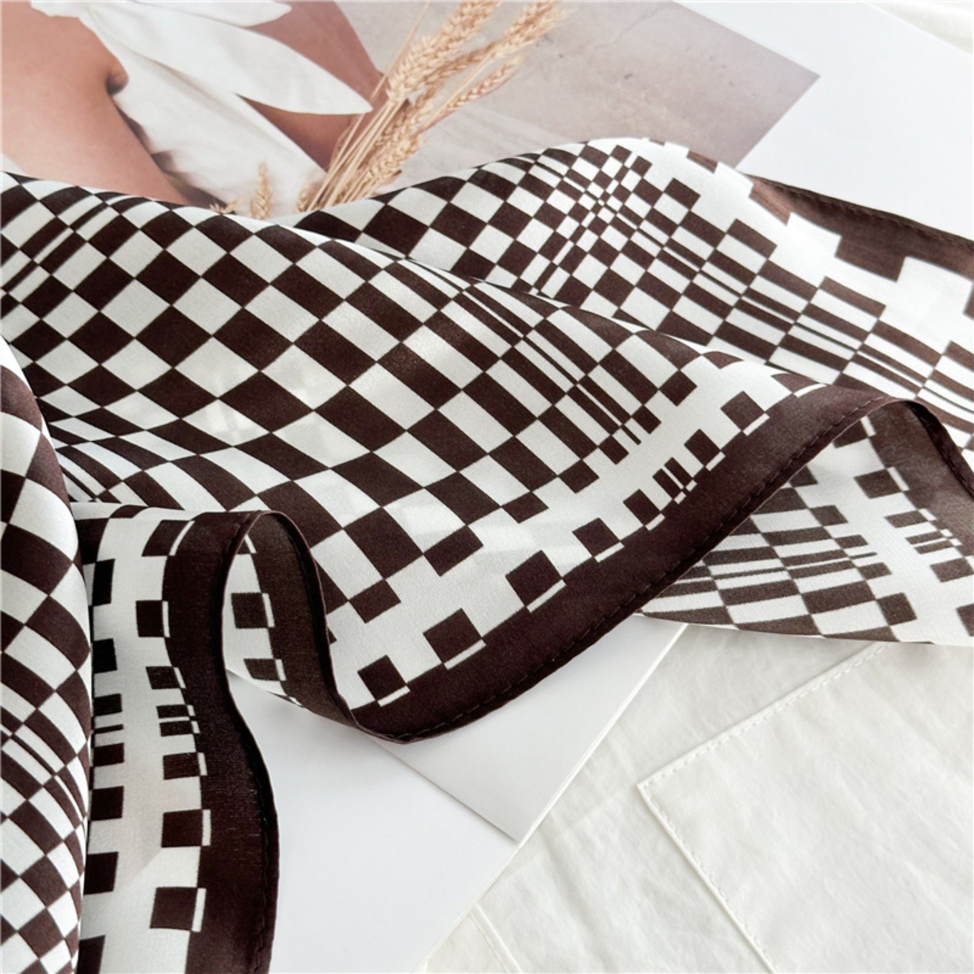 26'' Coffee Plaid Mulberry Silk Scarf – Sophisticated Women’s Square Shawl with a Classic, Elegant Check Pattern