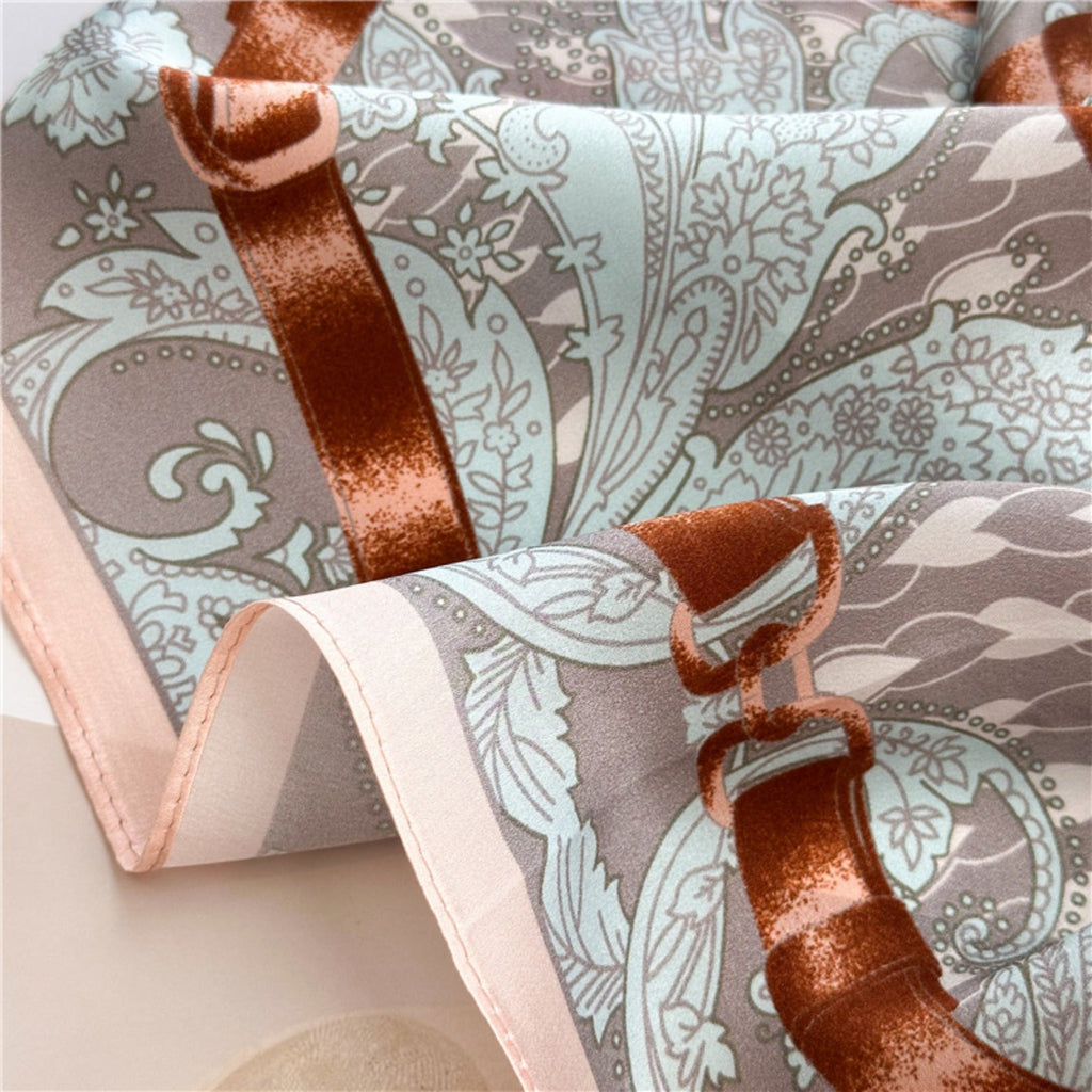 26'' Gray Pink Floral Mulberry Silk Scarf – Elegant Floral Square Silk Shawl for Women, Soft & Feminine Accessory