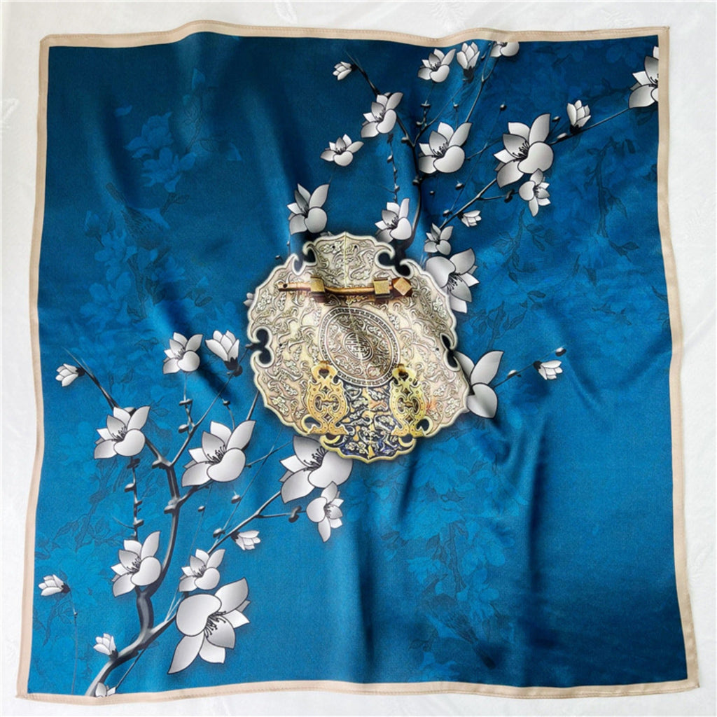 26'' Blue Lock Pattern Mulberry Silk Scarf – Modern Square Silk Shawl for Women, Elegant & Chic Accessory