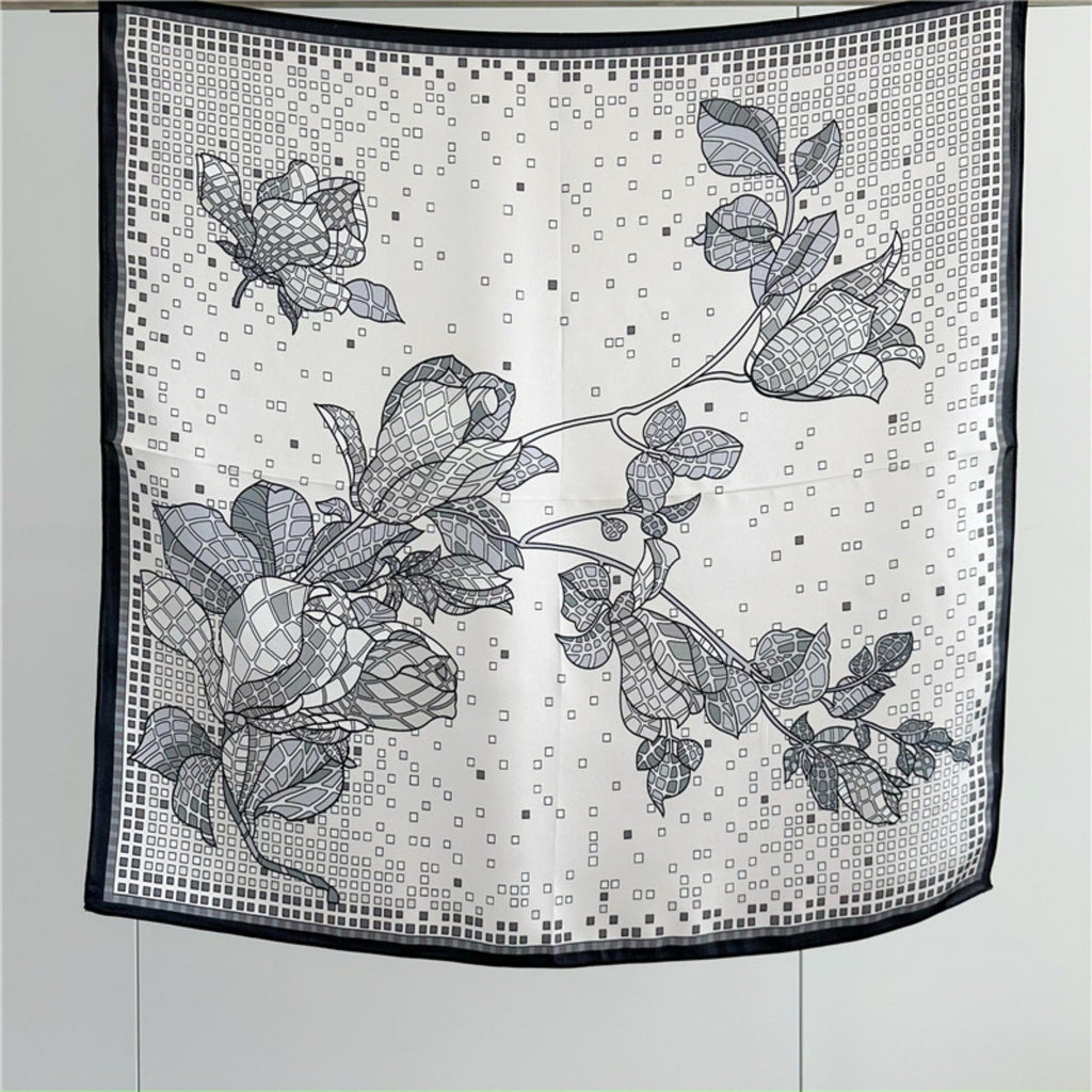 26'' Minimalist Grey Floral Mulberry Silk Scarf – Elegant & Subtle Square Silk Shawl for Women, Modern Floral Design