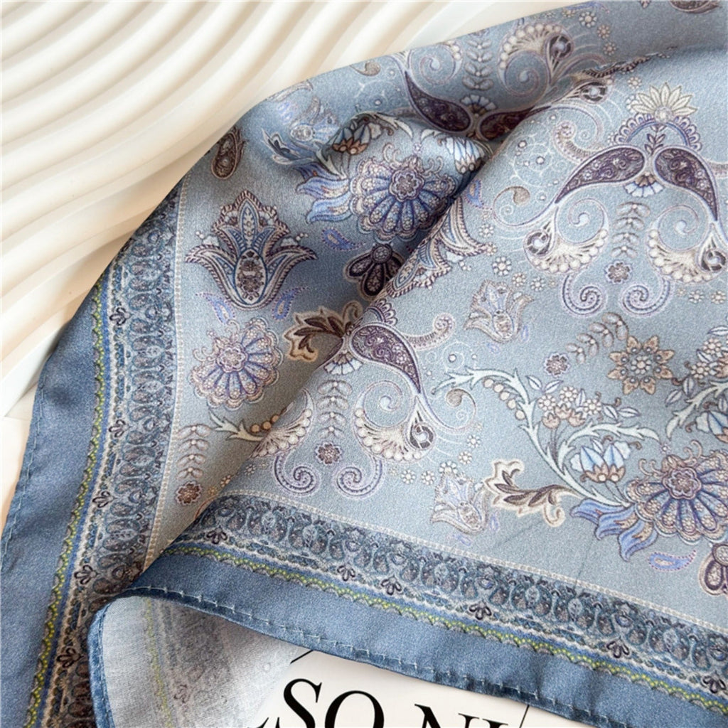 26'' Light Blue Ditsy Floral Mulberry Silk Scarf – Delicate Women’s Square Shawl with Charming, Airy Print
