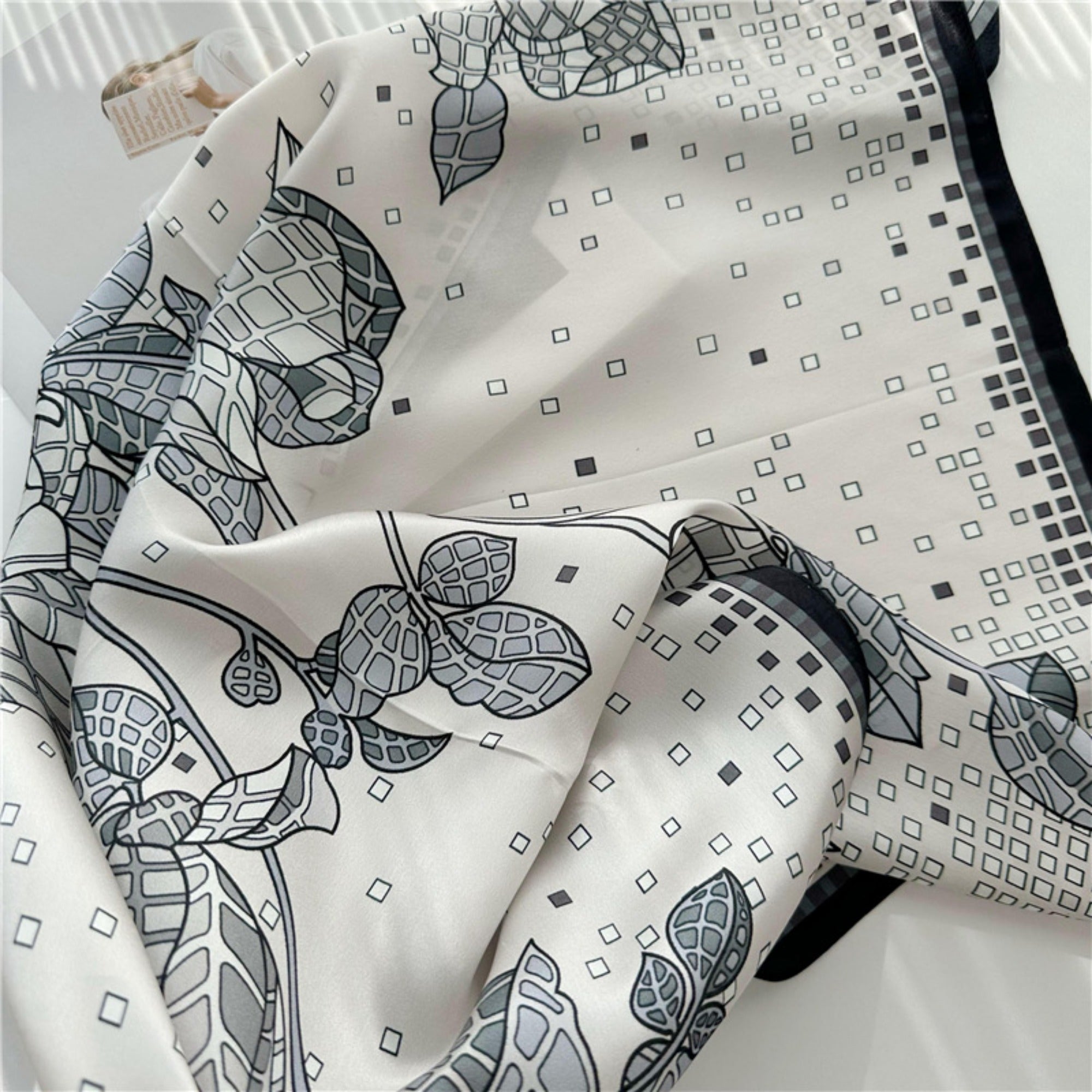 26'' Minimalist Grey Floral Mulberry Silk Scarf – Elegant & Subtle Square Silk Shawl for Women, Modern Floral Design