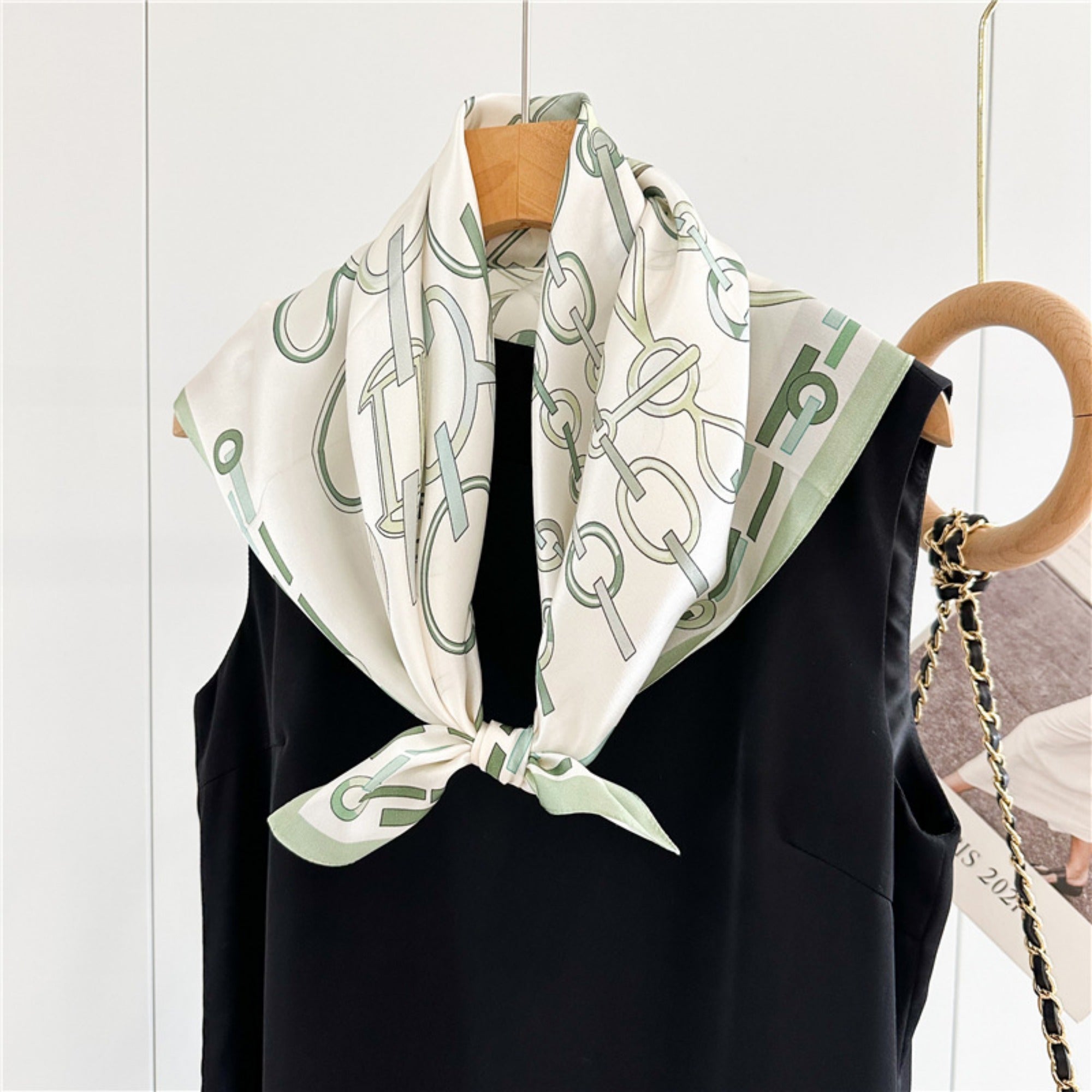 26'' Minimalist Green Lock Mulberry Silk Scarf – Simple & Elegant Square Silk Shawl for Women, Modern Chic Accessory