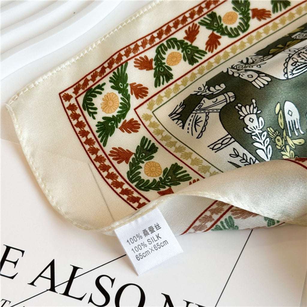 Green Equestrian Horse Print Silk Scarf | 100% Mulberry Silk 26'' Square Scarf