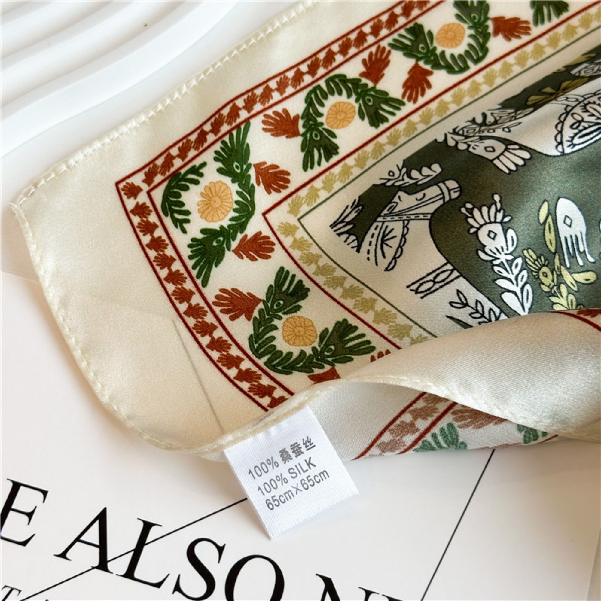 Green Equestrian Horse Print Silk Scarf | 100% Mulberry Silk 26'' Square Scarf