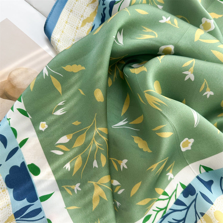 65cm Fresh Floral Mulberry Silk Scarf – Elegant Square Silk Shawl for Women, Lightweight & Versatile Accessory