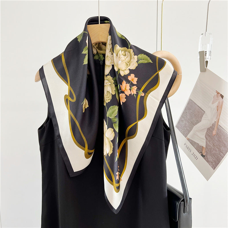 26'' Black Camellia Mulberry Silk Scarf – Elegant Floral Square Silk Shawl for Women, Timeless & Luxurious Accessory