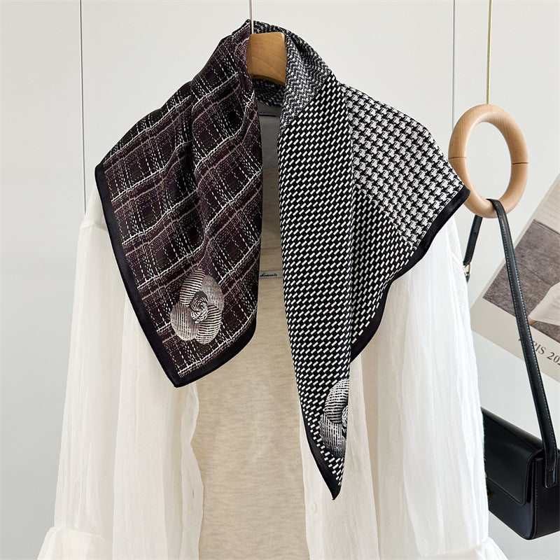 65cm Mulberry Silk Scarf – Plaid, Houndstooth & Rose Print Double Crepe Square Shawl for Spring & Summer