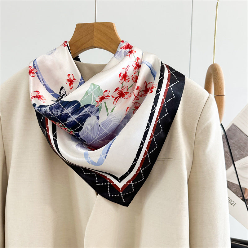 65cm Mulberry Silk Floral Peony Scarf – Double Crepe Square Shawl for Spring & Summer