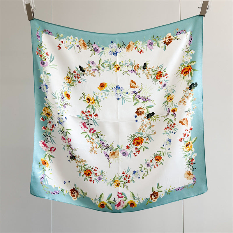 26'' Fresh Blue Border Floral Mulberry Silk Scarf – Elegant Floral Square Silk Shawl for Women, Soft & Feminine Accessory