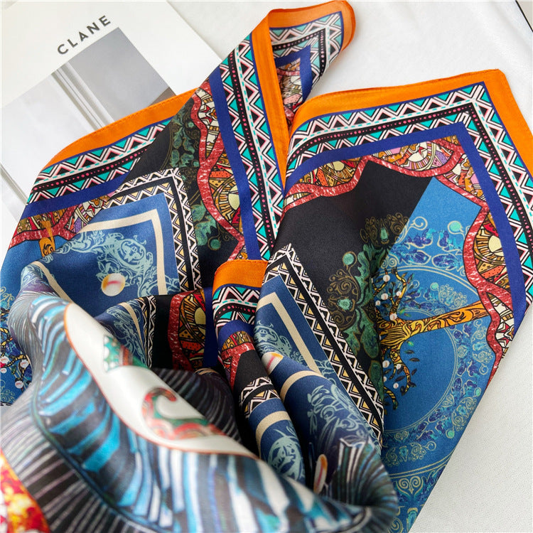 26'' Blue Gem Elephant Mulberry Silk Scarf – Artistic Square Silk Shawl for Women, Luxurious & Exotic Accessory