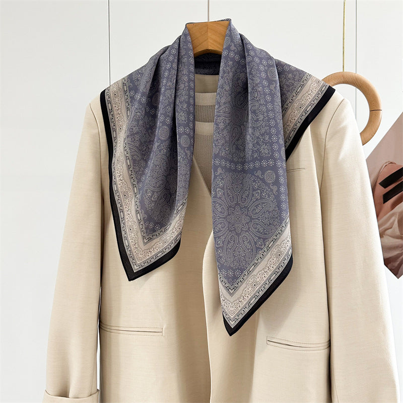 26'' Blue Check Mulberry Silk Scarf – Classic Square Silk Shawl for Women, Elegant & Versatile Accessory