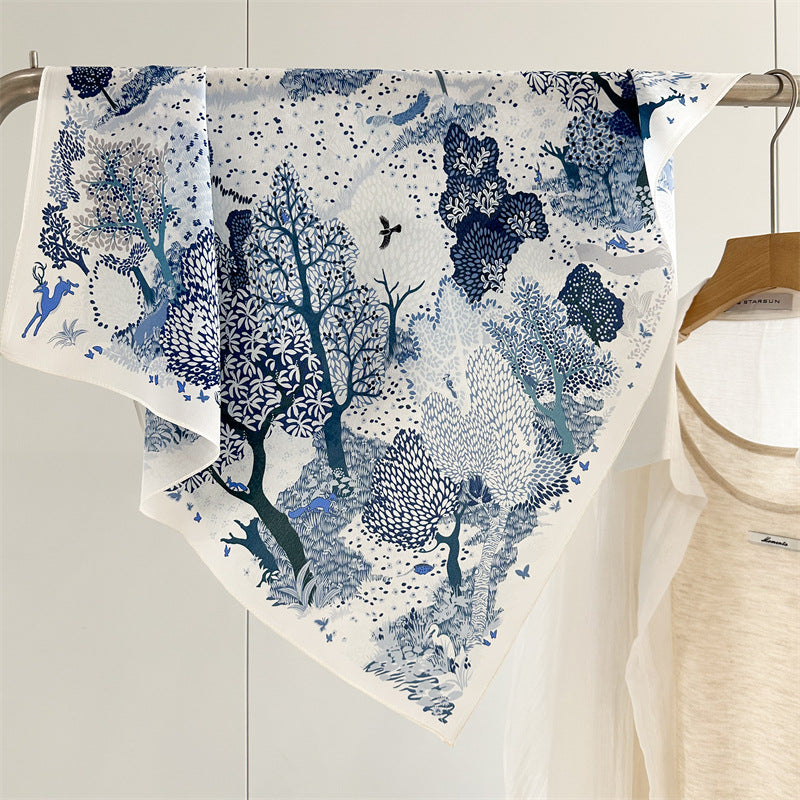 26'' Forest Blue Mulberry Silk Scarf – Nature-Inspired Square Silk Shawl for Women, Calm & Elegant Accessory