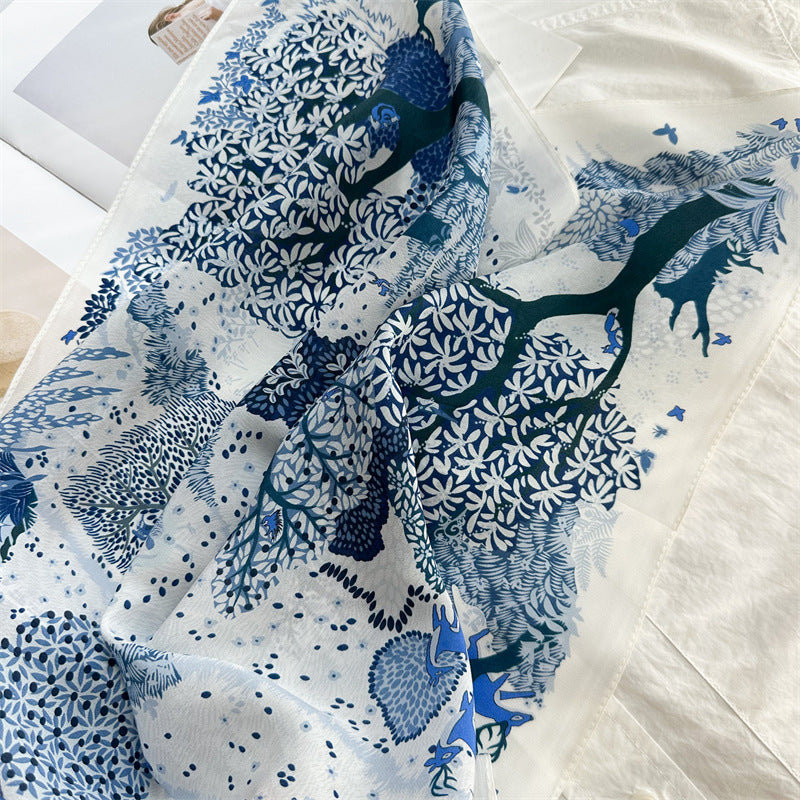 26'' Forest Blue Mulberry Silk Scarf – Nature-Inspired Square Silk Shawl for Women, Calm & Elegant Accessory