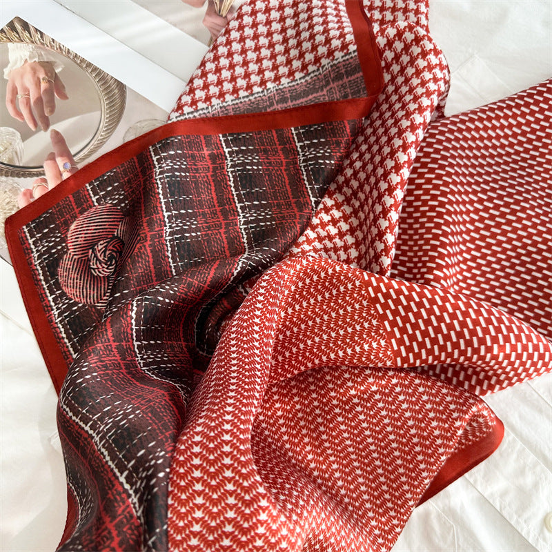 65cm Mulberry Silk Scarf – Plaid, Houndstooth & Rose Print Double Crepe Square Shawl for Spring & Summer