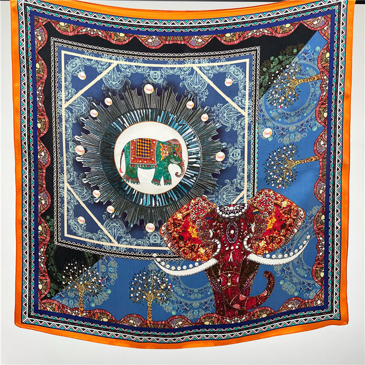 26'' Blue Gem Elephant Mulberry Silk Scarf – Artistic Square Silk Shawl for Women, Luxurious & Exotic Accessory