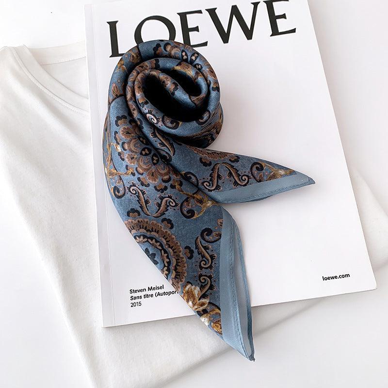 Vintage gray and blue bohemian silk scarf/100% mulberry silk scarf/Small square scarf