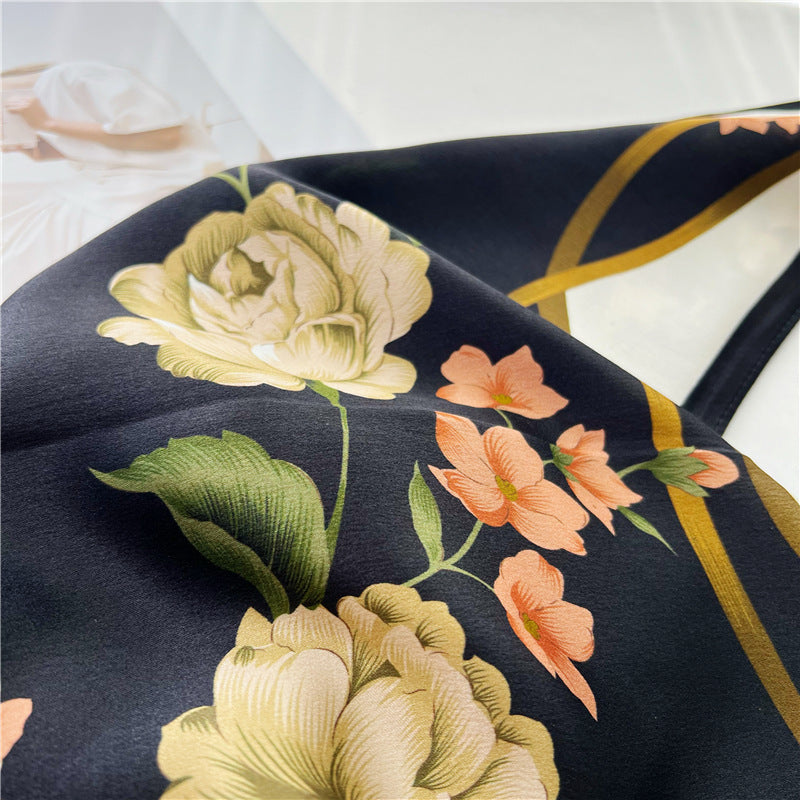 26'' Black Camellia Mulberry Silk Scarf – Elegant Floral Square Silk Shawl for Women, Timeless & Luxurious Accessory